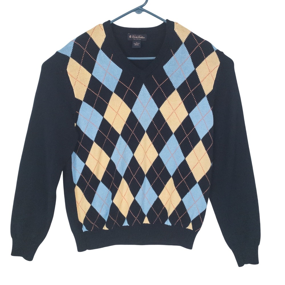 Brooks Brothers Sweater Mens M Navy Argyle V-Neck Pima Cotton Preppy Ivy - Picture 2 of 11